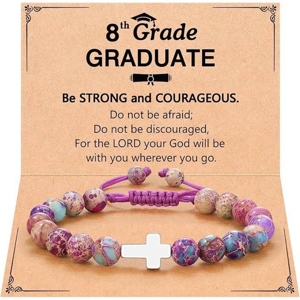 8th Grade Graduate Purple Beaded Cross Bracelet Gift for Daughter Granddaughter
